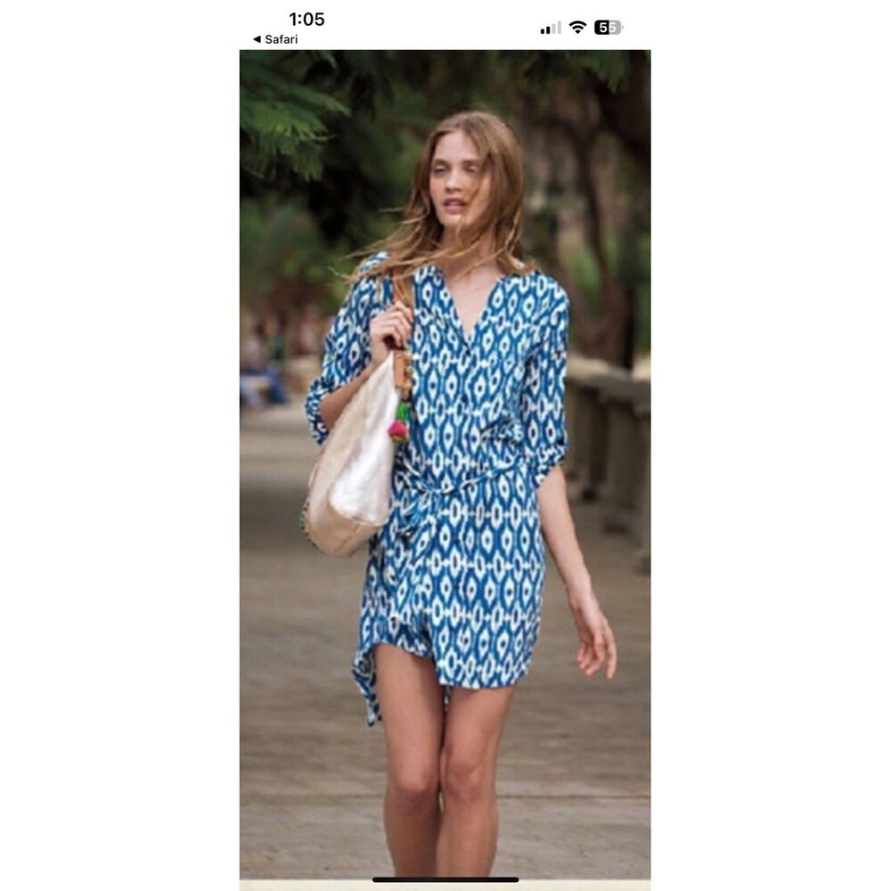 ANTHROPOLOGIE Maeve Blue White Belted Tab Roll Sleeve Button Front Dress XS